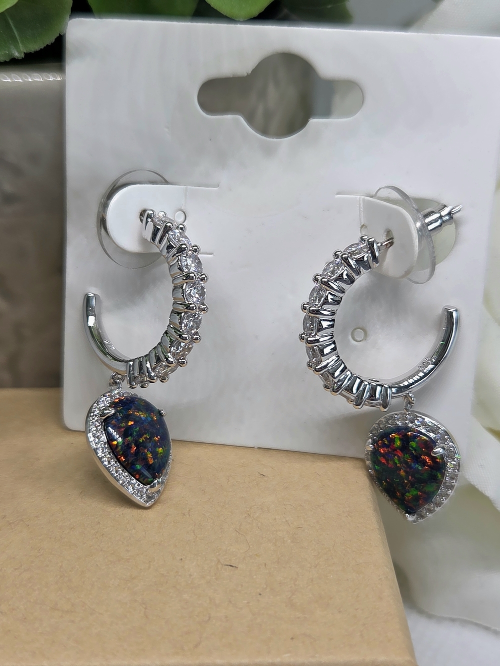 BP Silver Hoop Drop Earrings with Black Fire Opal Teardrops - Picture 2 of 2